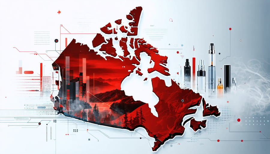 Conceptual image representing Canada's vaping industry growth and opportunities, featuring a stylized Canadian map, abstract vape device illustrations, and digital market trend graphs.