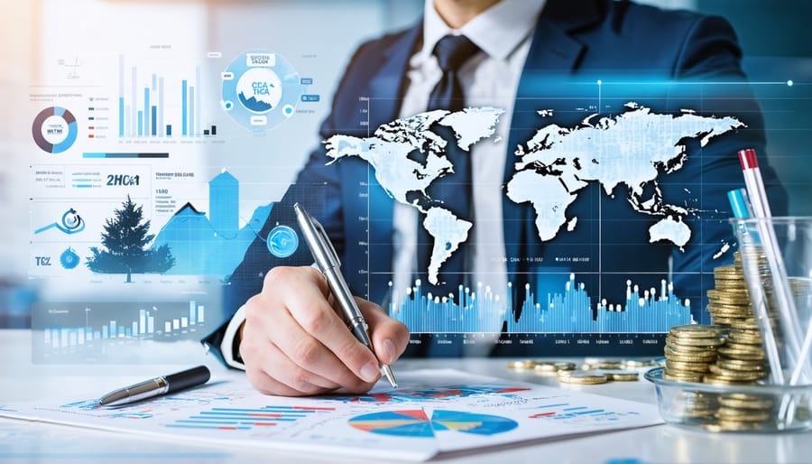 A businessperson reviewing data charts with THCA products displayed alongside digital marketing icons, exemplifying strategies for growth in the Canadian THCA market.